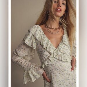 Free People Cream Floral Ruffle Long Sleeve Dress